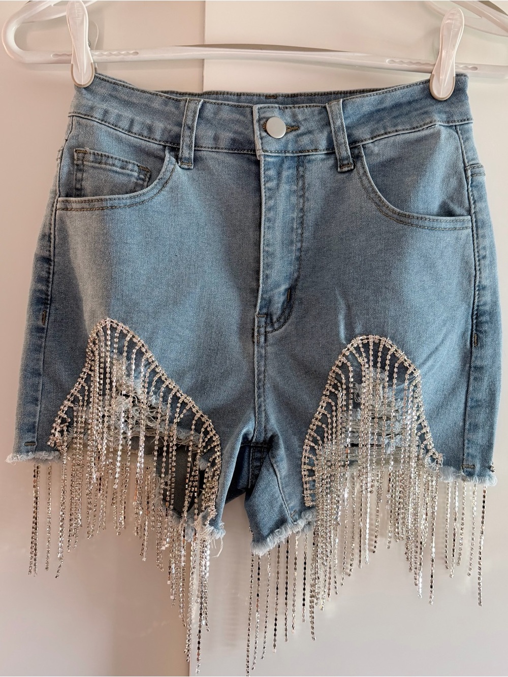 Denim Crystal Fringe High-Waist Women’s Shorts - Light Blue